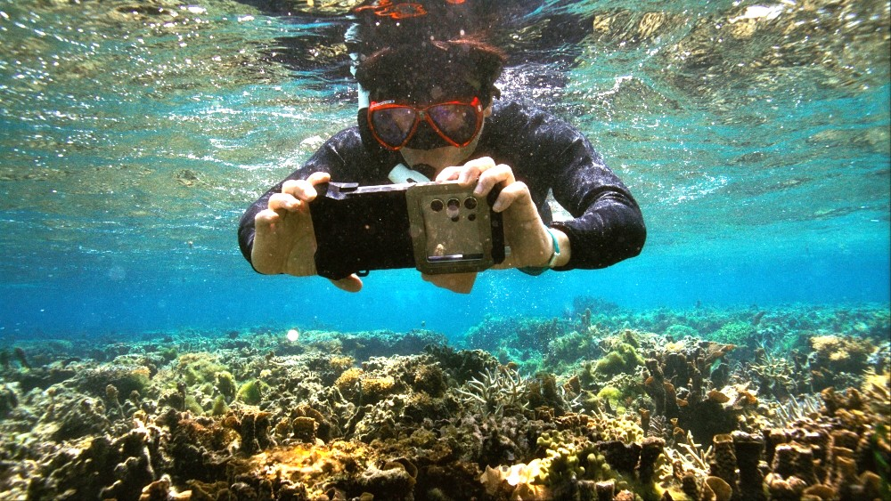 环保工作者使用三星Galaxy智能手机进行珊瑚礁保护拍摄