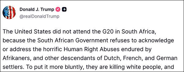 特朗普拒邀南非参加明年G20峰会，南非反击：不接受侮辱，会积极参加