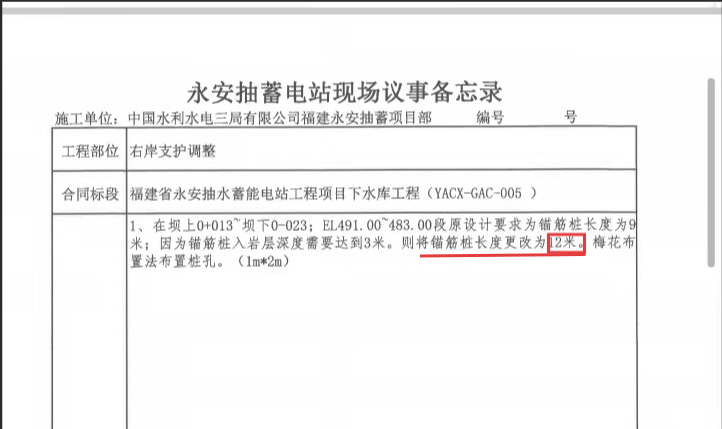 现场议事备忘录明确锚筋桩长度为12米。制图　刘超