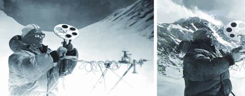 童庆禧在珠峰6300米观测点用自研仪器测量太阳的光谱辐射。