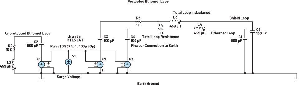 图8. SPICE仿真模型，说明了利用与以太网环路紧密耦合的第二短路线匝可以降低浪涌电流。
