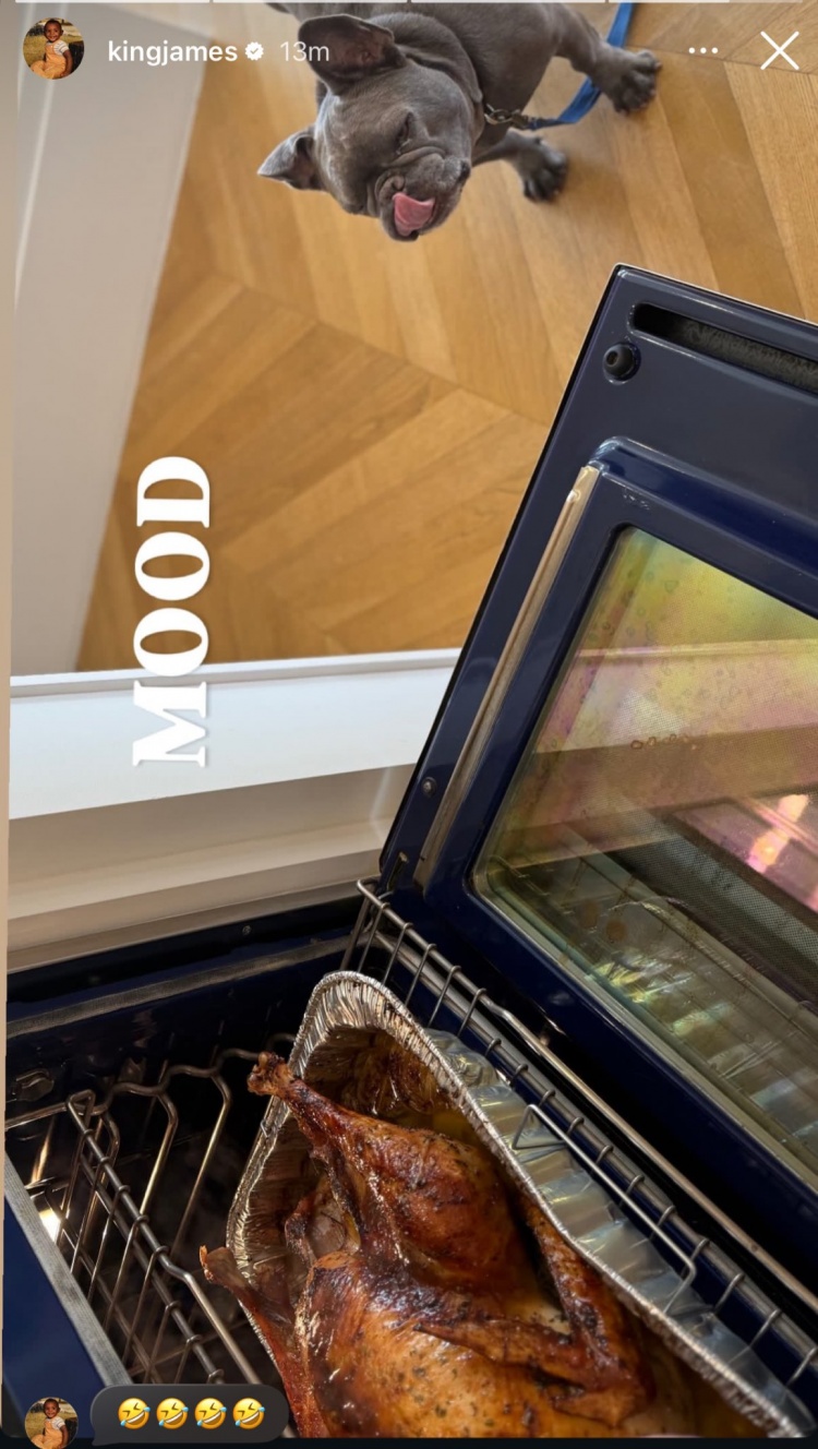 你也想吃？感恩节之 詹姆斯晒自家宠物狗盯着刚出炉的火鸡：心情