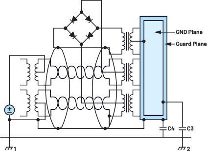 图6. 使用屏蔽将浪涌能量从应用电路引走的以太网示例，C3 < C4。