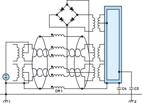 图10. 共模扼流圈CH1为差模电流提供低阻抗，并为共模电流提供更大阻抗。
