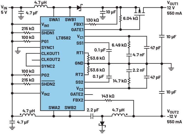 图10 5V至±12V升压和反相转换器的典型应用电路
