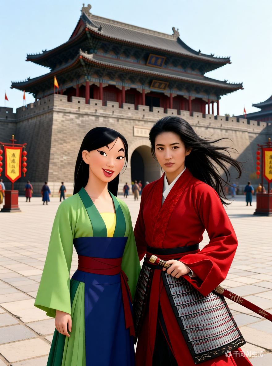 提示词：将以上两个人物组合成一张在长安城的合影