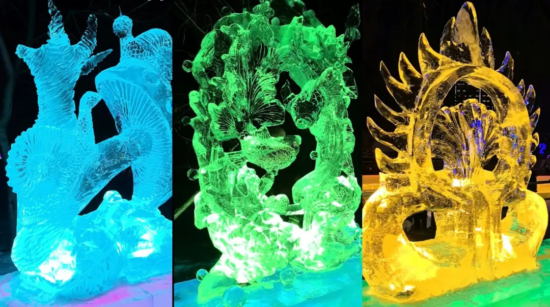 红、绿、蓝等各色光在晶莹的冰体中交融、传导，最终呈现出梦幻般的色彩，这是外部打光永远无法达到的效果。