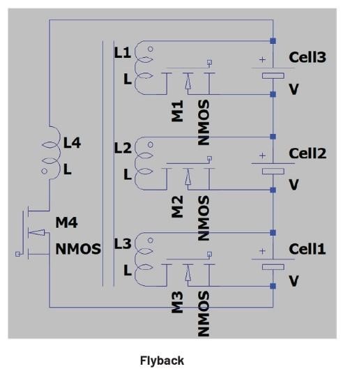 图1 三种最具代表性的主动均衡解决方案架构：反激式（上）、多电感（中）和开关电容（下）