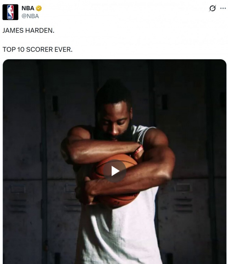 历史Top10！NBA官方晒集锦：詹姆斯·哈登 历史前十得分手