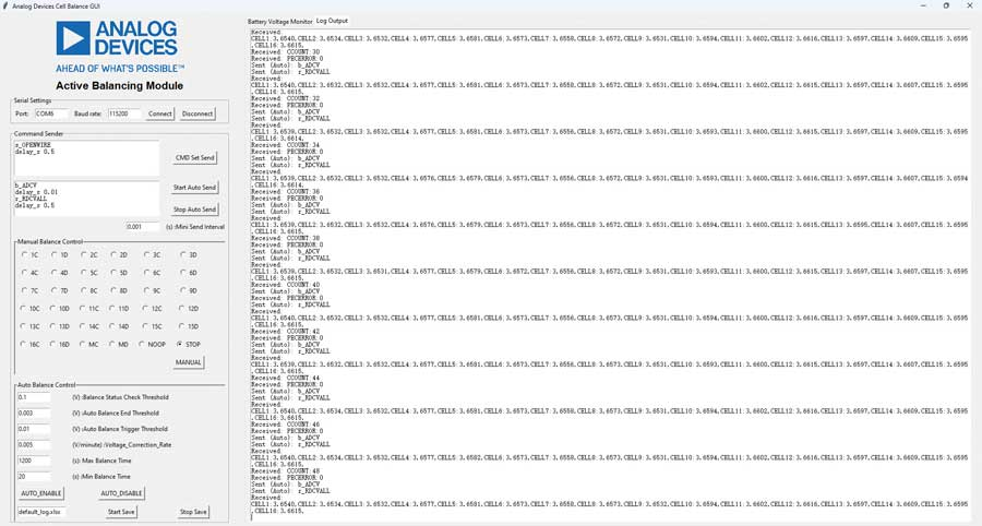 图2 主动均衡GUI：调试期间用于监控MCU与GUI数据交互的日志窗口