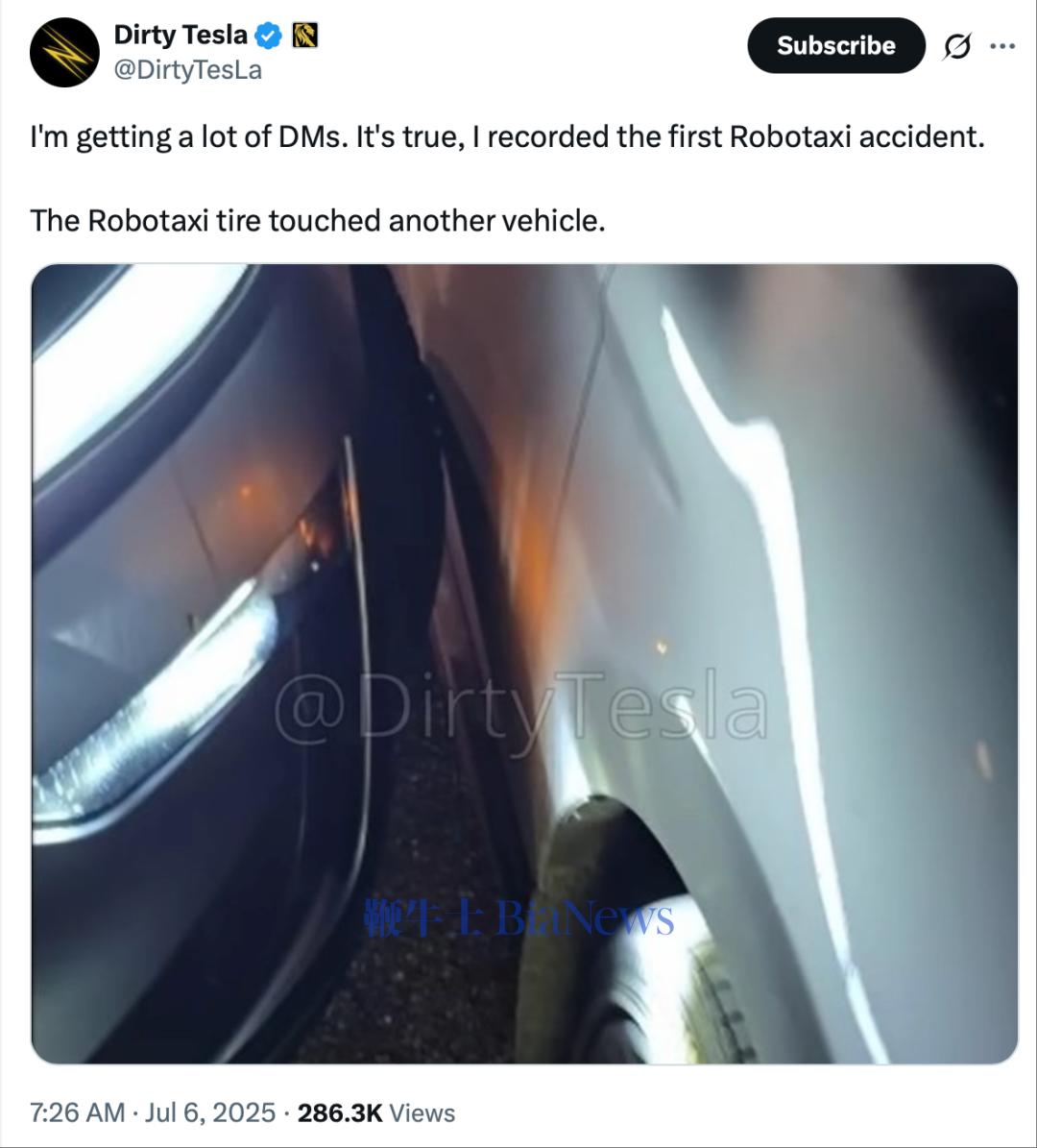 ▲博主发布特斯拉Robotaxi首撞消息