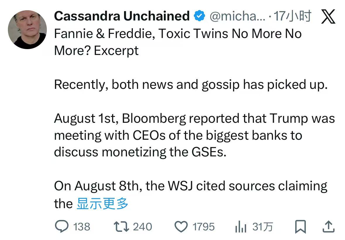 唱衰AI看好房地产！“大空头”重仓房地美和房利美，称IPO指日可待