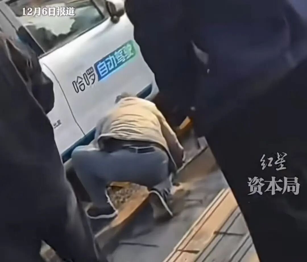 网传视频显示，事故车辆贴有“哈啰自动驾驶”字样，伤者被卷入车底，市民和民警尝试抬车救人。图：源自网络