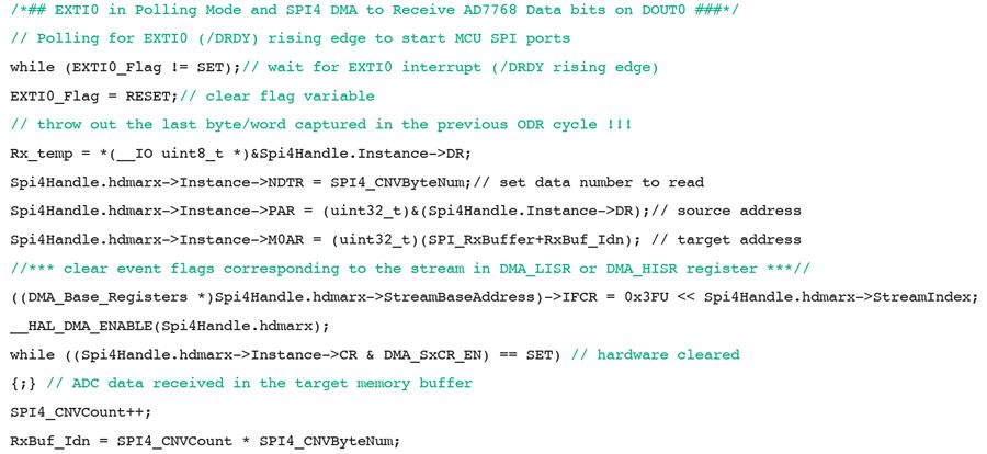 图10. EXTI0处于轮询模式，SPI4 DMA通过DOUT0接收AD7768数据位。
