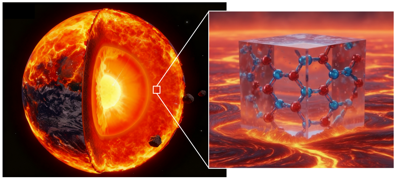 ▲ 图 1 布里奇曼石从地球深部岩浆洋“锁水”的想象示意图（AI 生成）