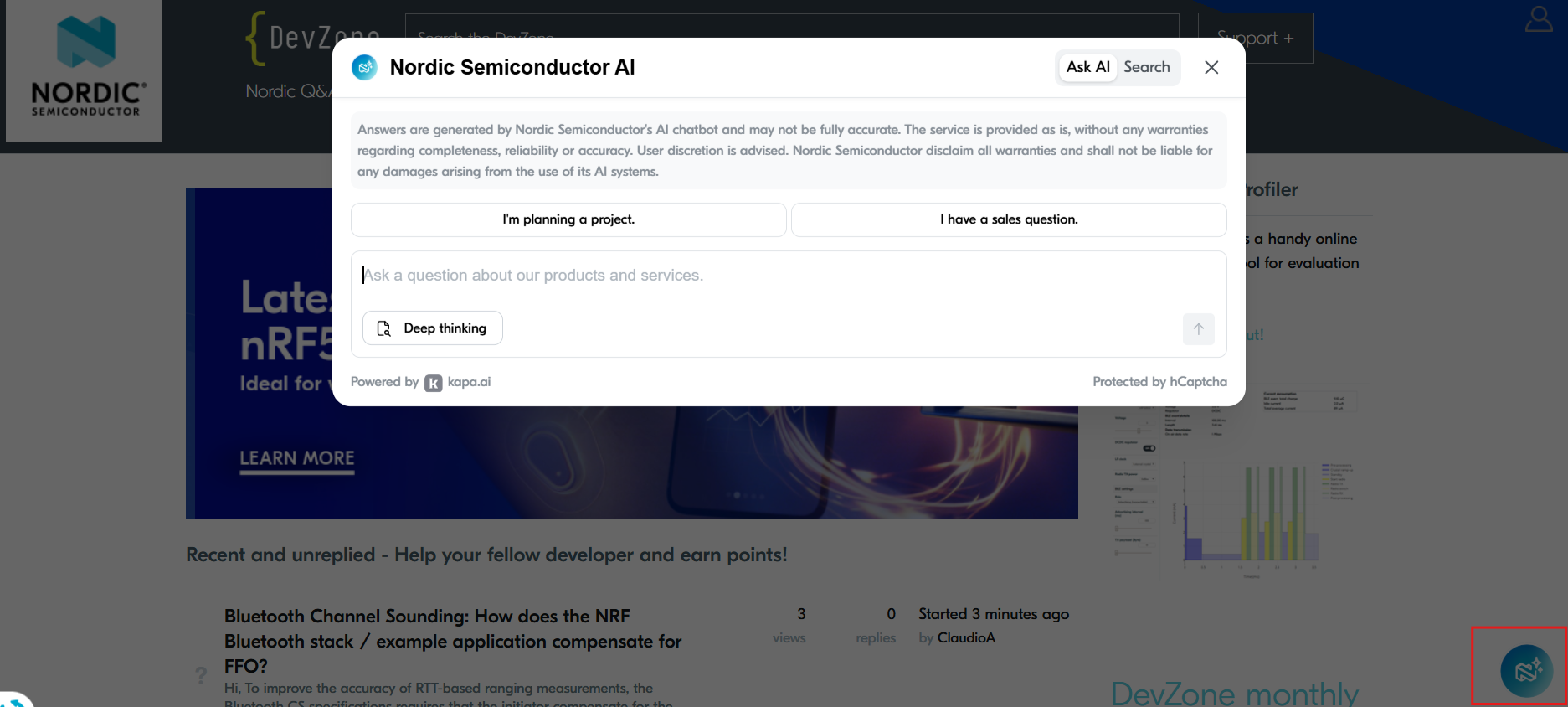 Nordic Devzone技术论坛右下角设置AI助手按钮，随时为工程师答疑