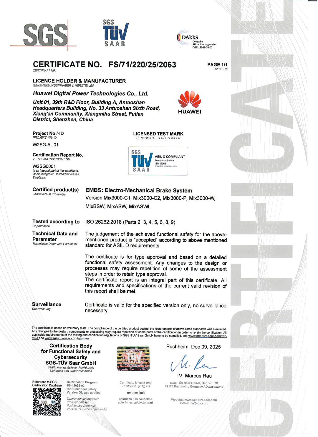 ▲ 华为 DriveONE 融合驱动通过 DAkkS ASIL D 等级功能安全认证