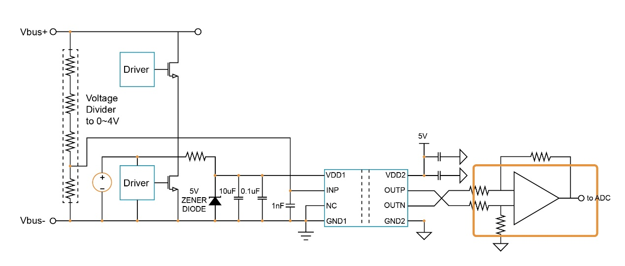 差分输出隔离电压采样应用电路图（橙框内为运放）