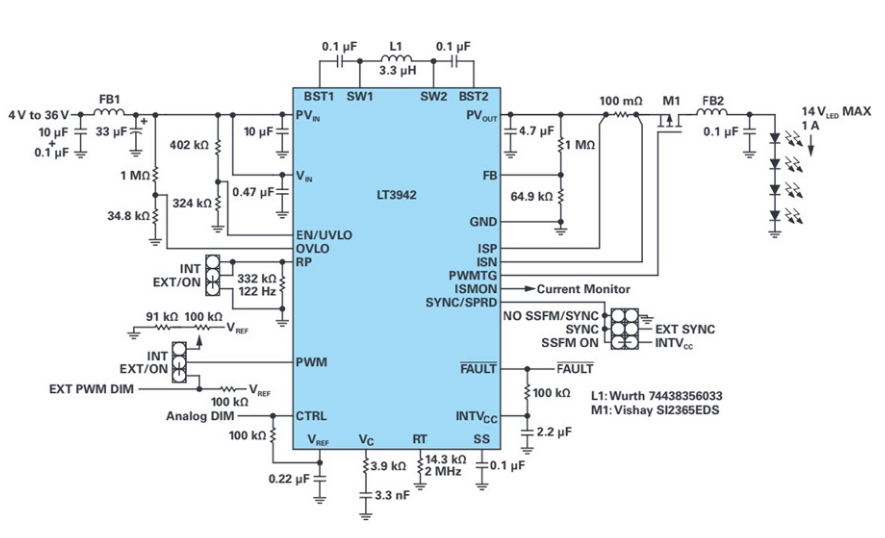 图2. DC2404A利用LT3942创建了一个紧凑型14 W LED驱动器应用，可在宽输入范围提供稳定的输出电流。
