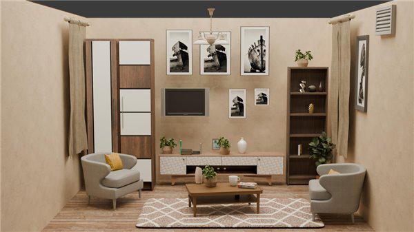 输入提示词 " 一间温馨的客厅，配有舒适的扶手椅、画廊墙和时尚的咖啡桌 " 后生成的效果图示意