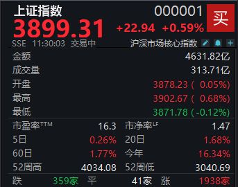 A股震荡走强，沪指半日收涨0.59%