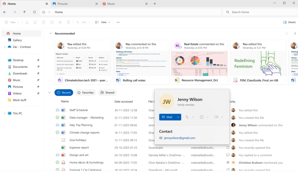 用户界面显示了文件资源管理器 Windows 人员卡片。