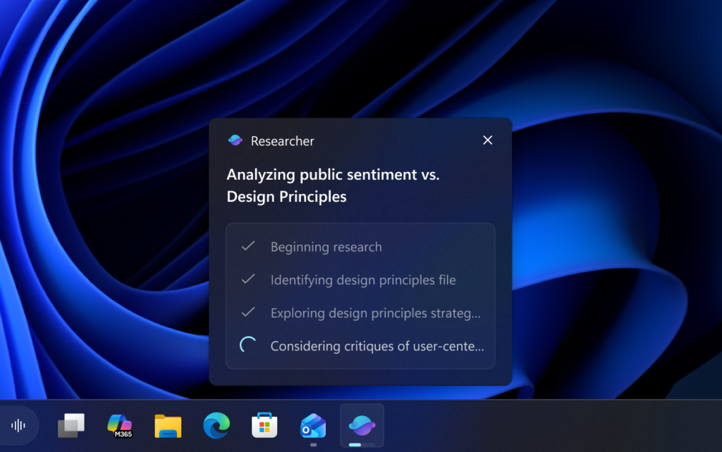 用户界面会在任务栏鼠标悬停时显示研究员的当前进度。