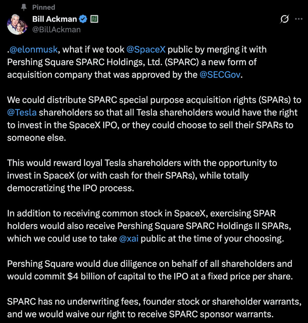 Ackman抛出SpaceX上市新方案：不走传统IPO 没有承销费特斯拉(TSLA.US)股东可先上车