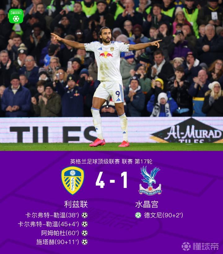 利兹联4-1大胜水晶宫，勒温双响，阿姆帕杜、施塔赫破门