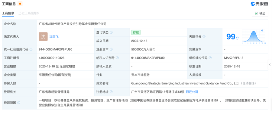 广东省战略性新兴产业投资引导基金有限责任公司工商信息 （来源：天眼查）