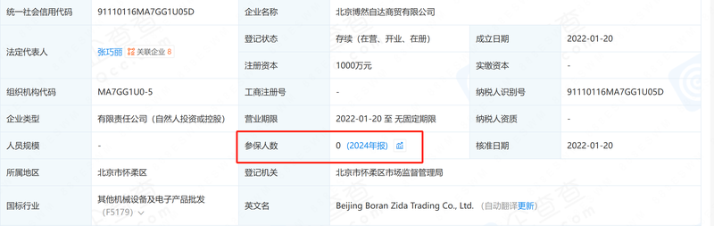 北京博然自达商贸有限公司2024年参保人数为0。企查查截图