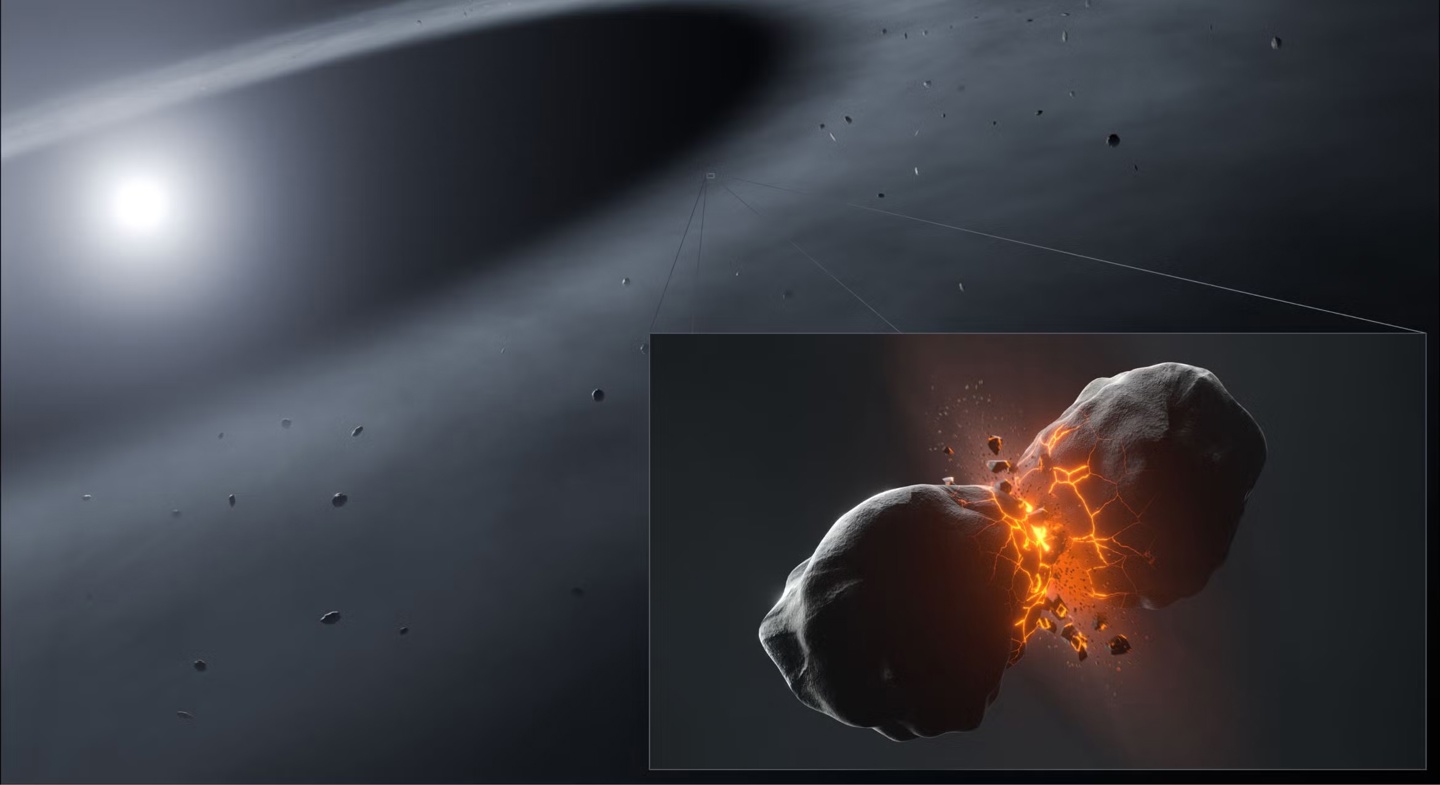 科学家们想象了距离地球仅 25 光年的北落师门星系中两颗彗星相撞的场景。图源：论文