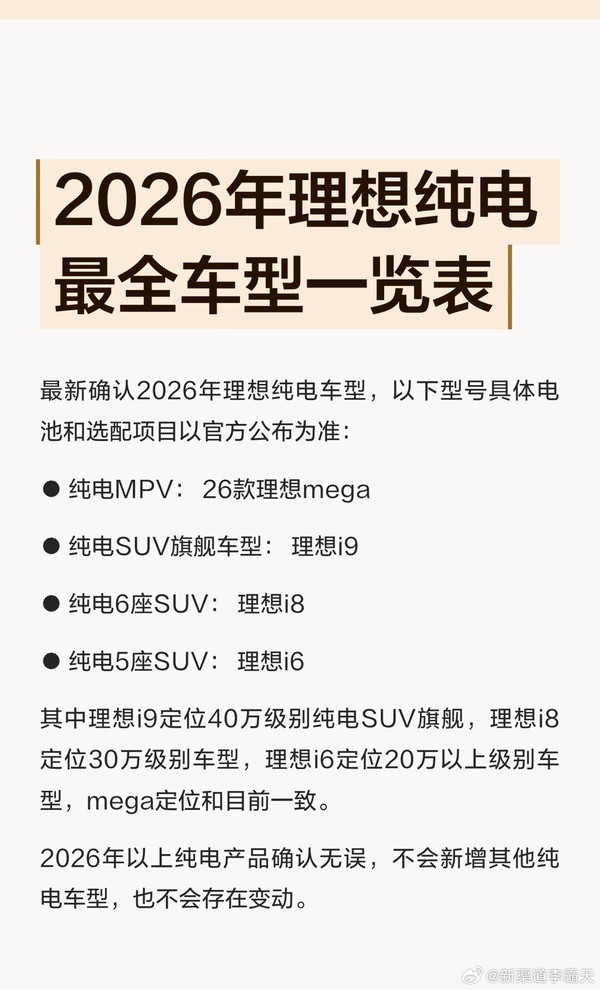 2026年理想纯电车型阵容曝光（图源@新渠道李霸天）