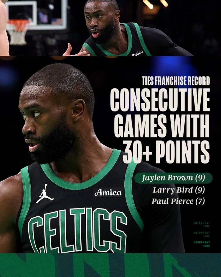 大当家模式！杰伦·布朗连续9场比赛砍30+ 平拉里·伯德队史纪录