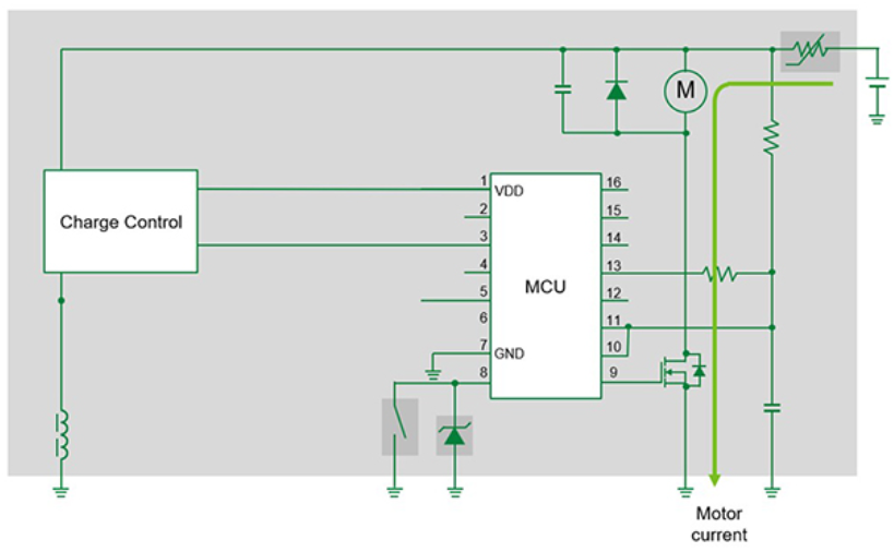 图：3. 由3.6V锂离子电池供电的便携电机控制电路示例