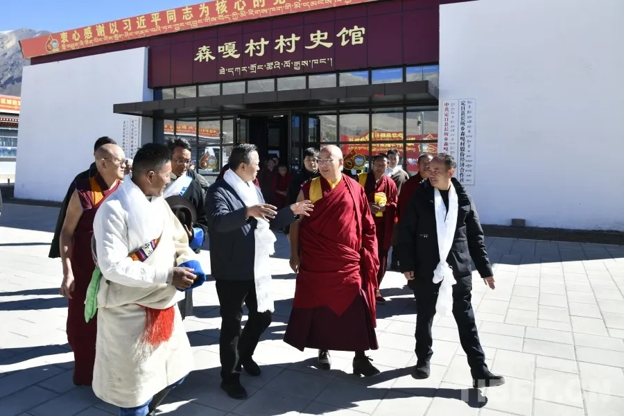 图为第十一世班禅额尔德尼·确吉杰布在定日县6.8级地震受灾影响最严重的村庄之一森嘎村调研灾后重建情况 摄影：赵振宇