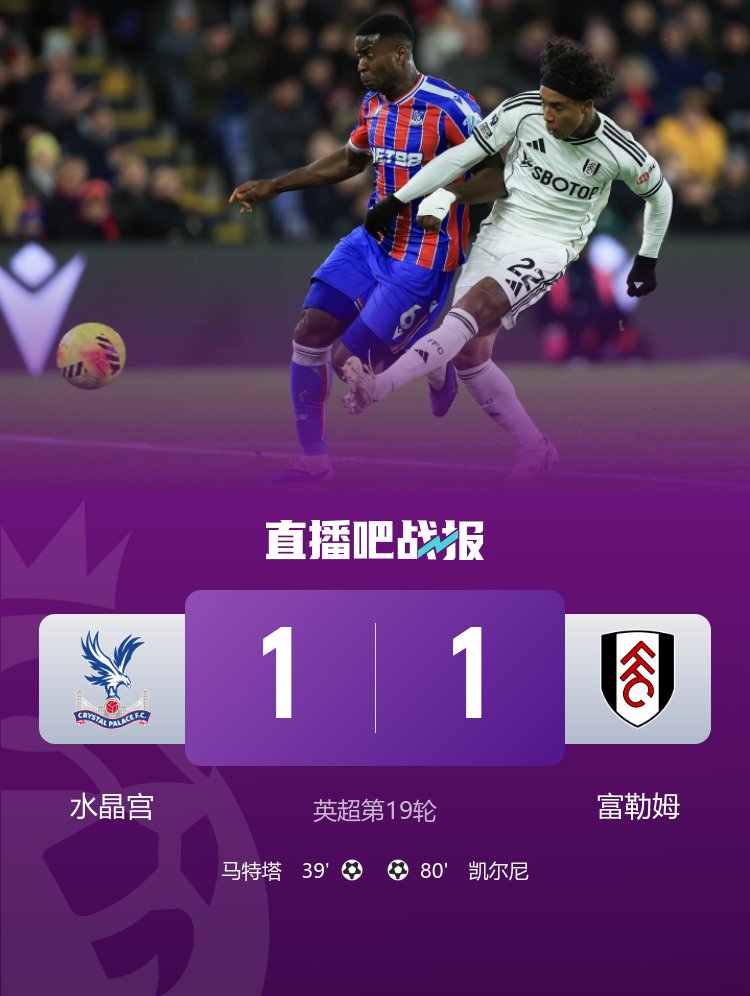 各赛事6场不胜！水晶宫1-1富勒姆 马特塔头槌破门 亨德森神扑救主