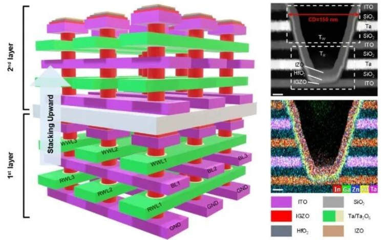 图 1 4F² 双门 2T0C 内存阵列的示意图和扫描电子显微镜表征