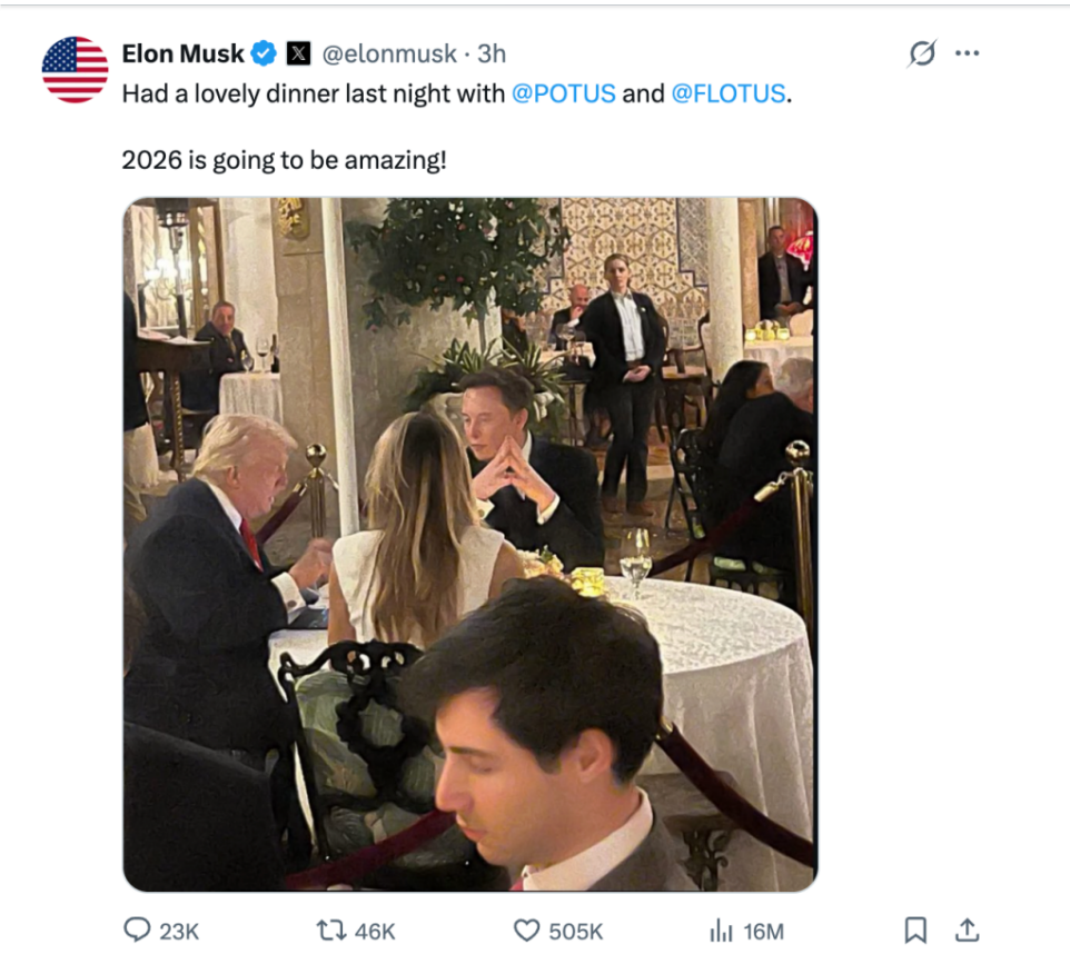 重修旧好？美媒：美国突袭委内瑞拉后，特朗普在海湖庄园宴请马斯克