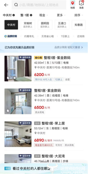 在贝壳找房APP租房页面搜索北京中关村区域，不同类型的钻石房源被优先展示