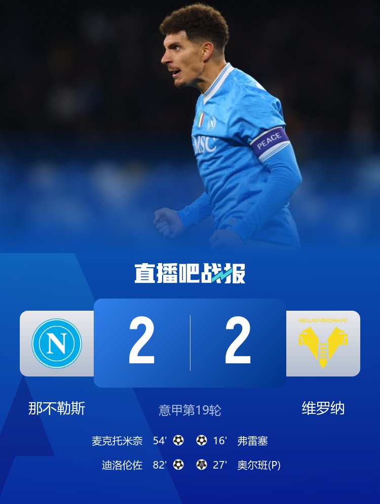 4连胜终结！那不勒斯2-2维罗纳 麦克托米奈破门 霍伊伦进球被吹