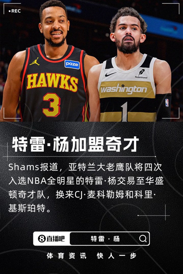 ESPN对特雷·杨加盟奇才交易评级：老鹰B 奇才B