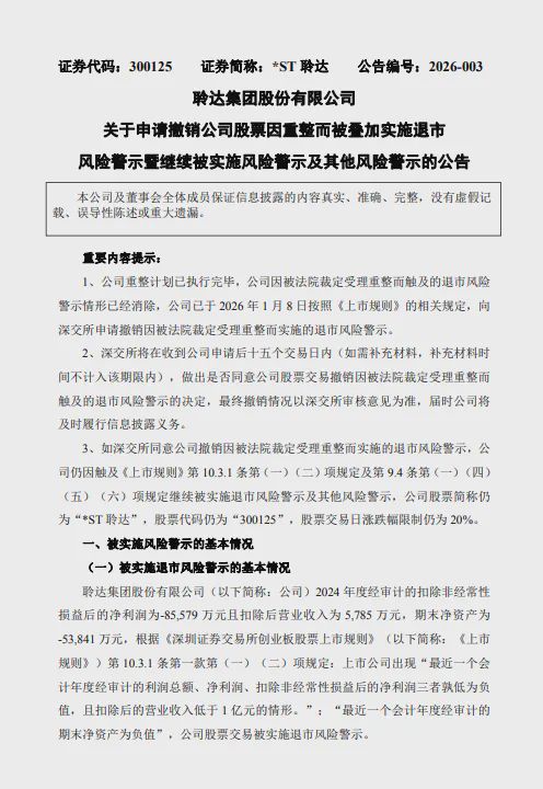 *ST聆达：申请撤销公司股票因重整而被叠加实施退市风险警示