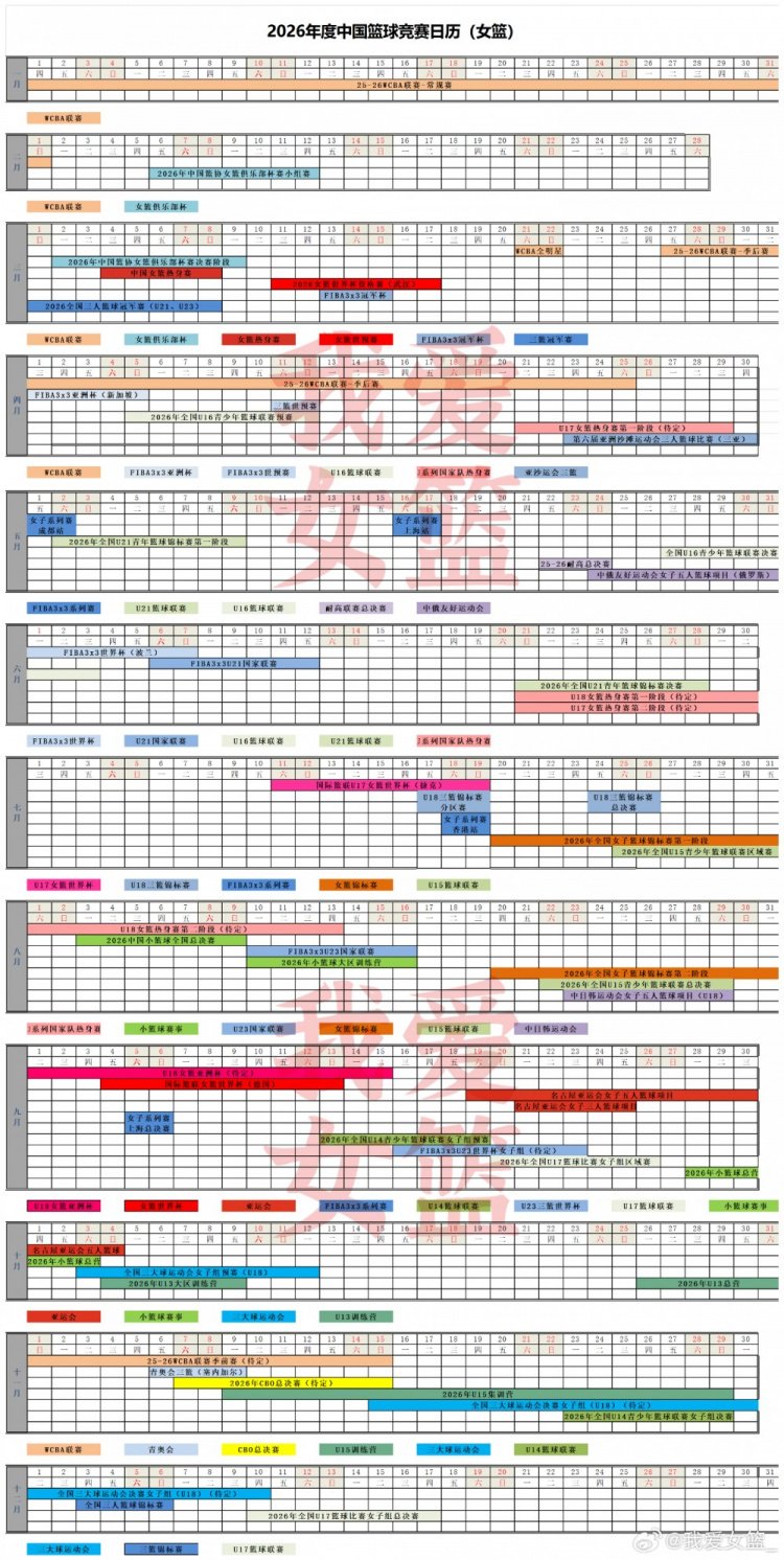 2026年度中国篮球竞赛日历女篮版 欢迎大家转发收藏