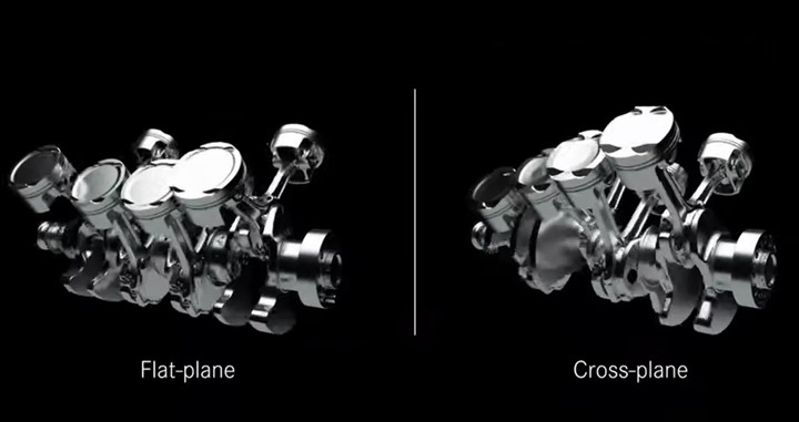 ▲ 左侧平面曲轴，右侧十字曲轴
