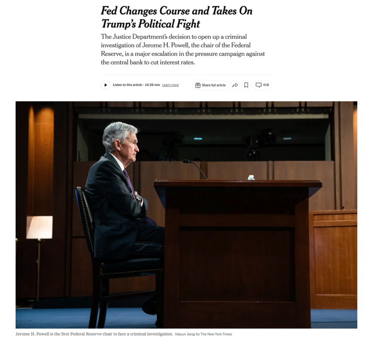 △《纽约时报》报道，司法部的调查举动，标志着向联储施压要求其大幅降低利率