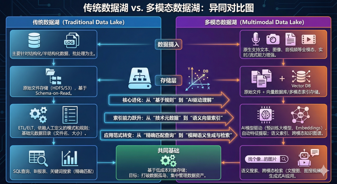 传统数据湖与多模态数据湖对比，图像由 AI 生成。