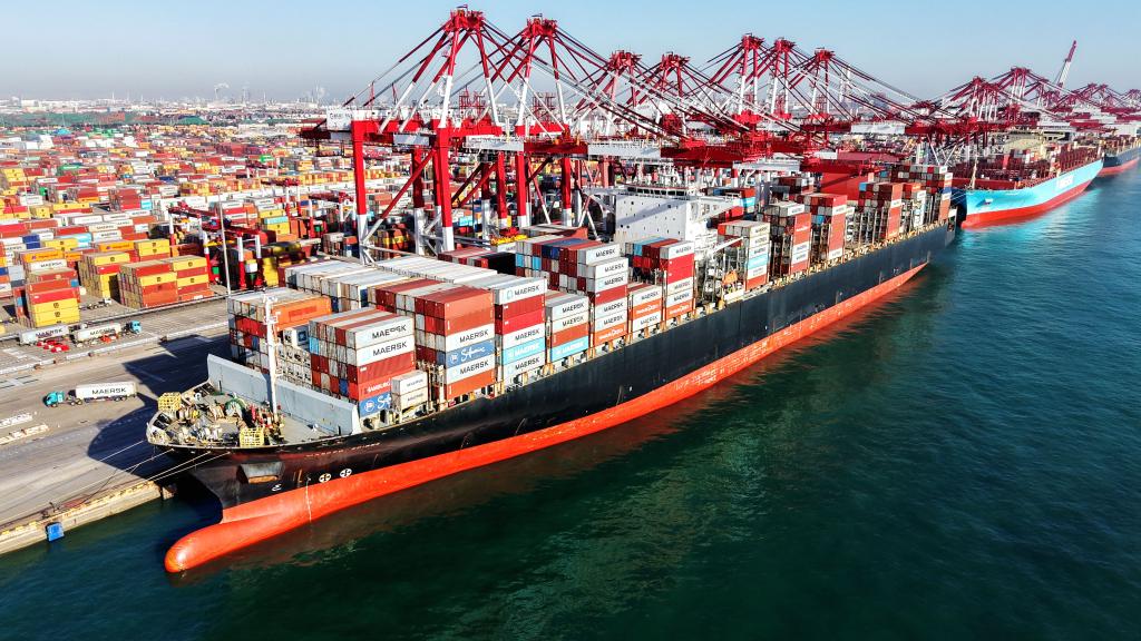   2025年12月8日，货轮在山东港口青岛前湾港装卸外贸集装箱（无人机照片）。新华社发（俞方平摄）