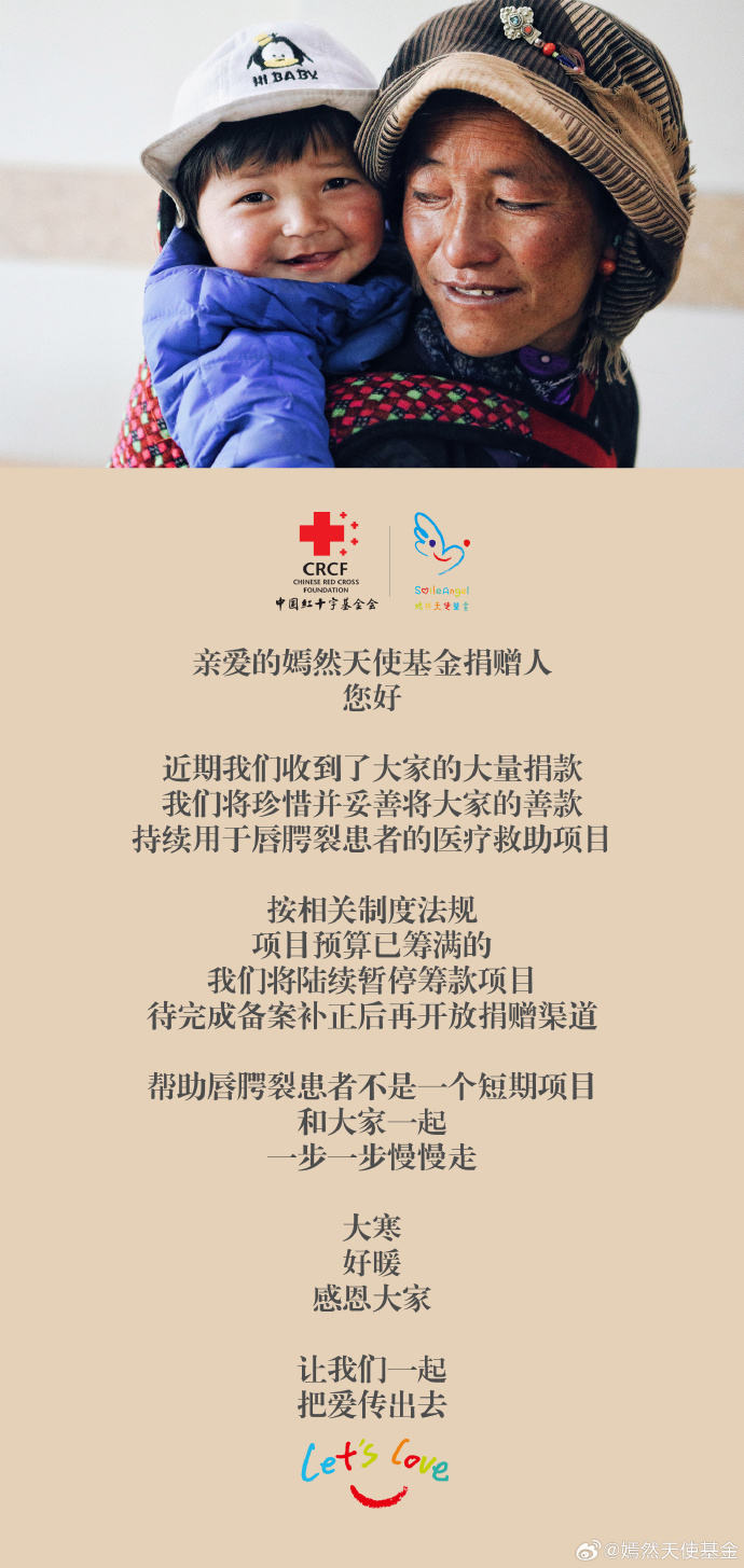 嫣然天使基金回应收到大量捐款：将陆续暂停筹款项目