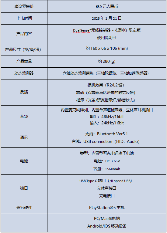 京东索尼 DualSense《原神》限定版无线游戏手柄639 元直达链接